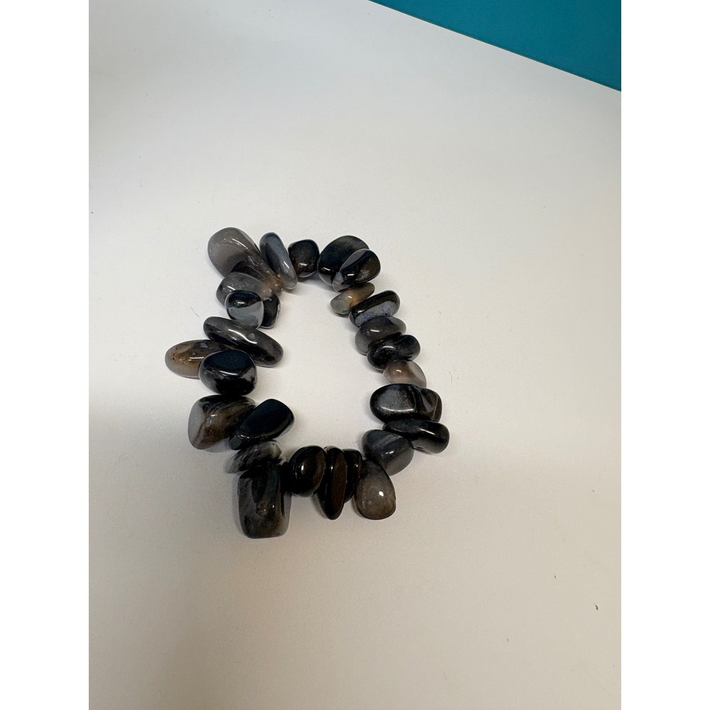 Black Grey Agate Stone Chip Stretch Bracelet Tumbled Gemstone Beaded‎